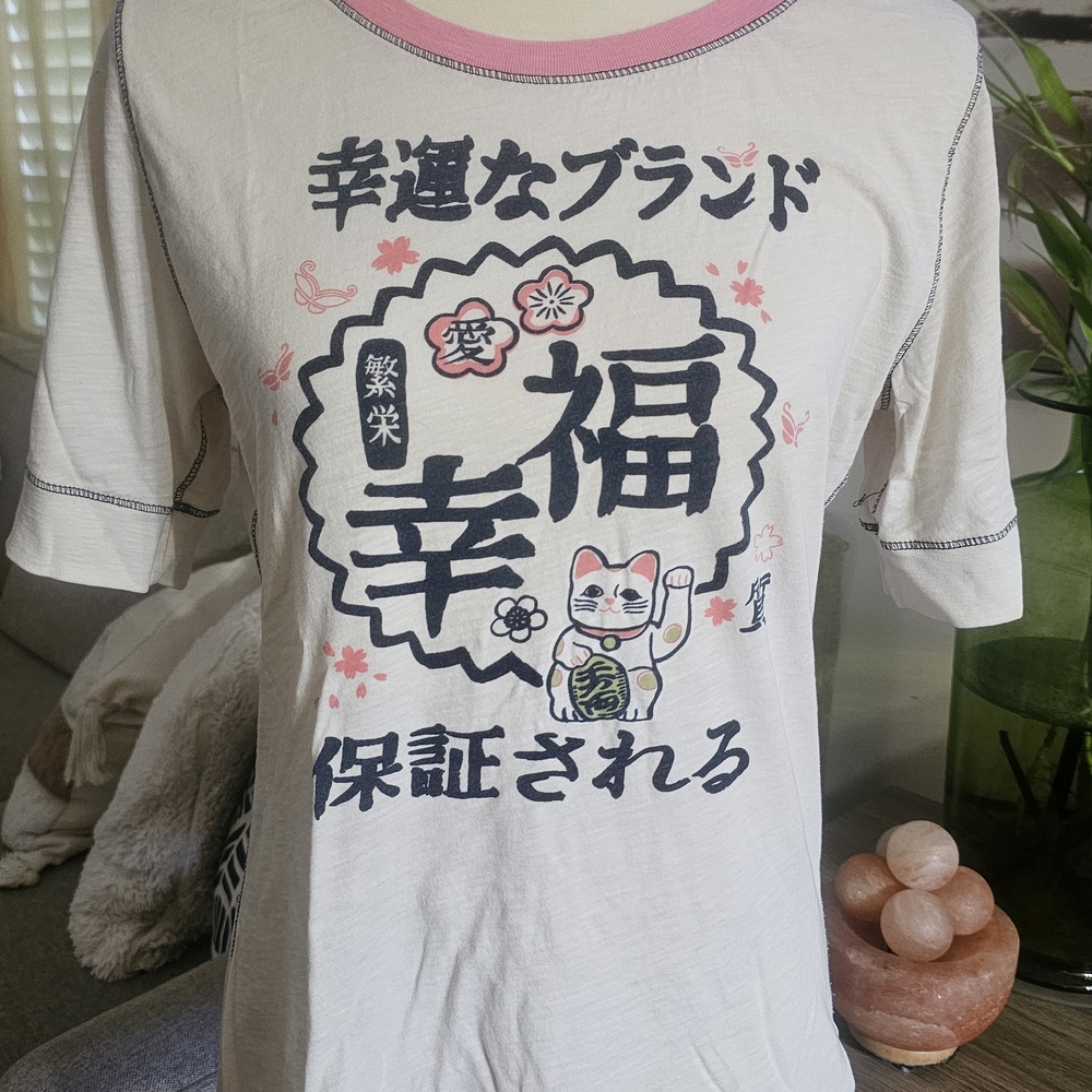 Lucky Brand White and Pink Cat T-Shirt